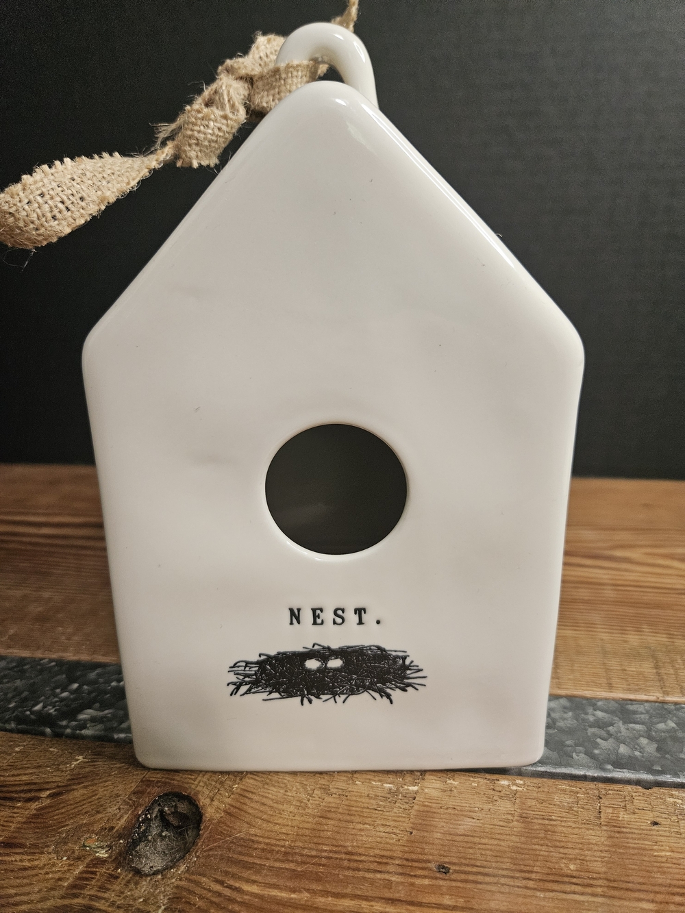 Rae Dunn NEST Ceramic Birdhouse Decoration - White with Black Nest Graphic